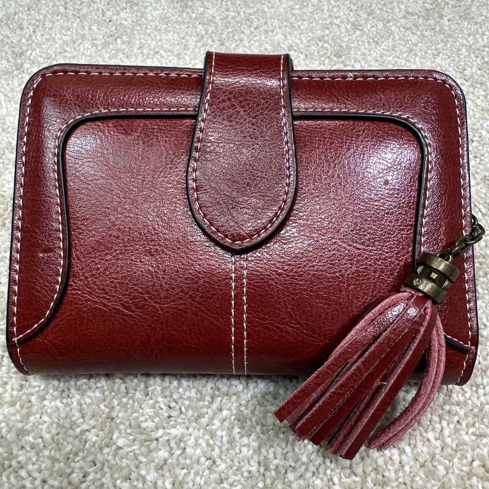 Women Wallet Genuine Leather Trifold Ladies Wallet Red Tassel Medium Card Holder